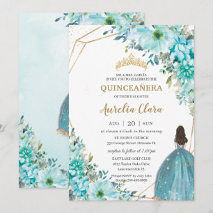 Quinceañera Turcos Blue Blommigt Guld Princess Inbjudningar