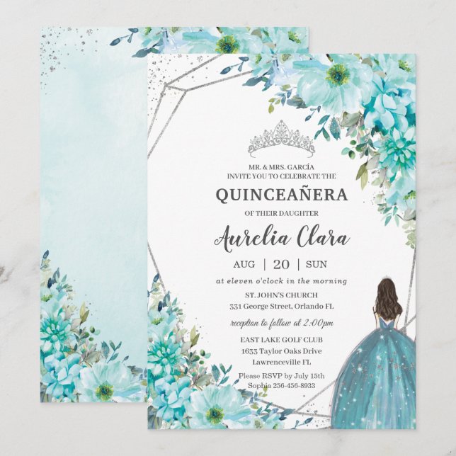 Quinceañera Turcos Blue Blommigt Silver Princess Inbjudningar (Fram/baksida)