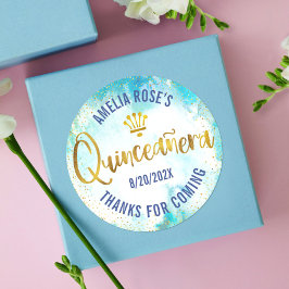 Quinceañera Turcos Blue Gold Foil Watercolor Runt Klistermärke