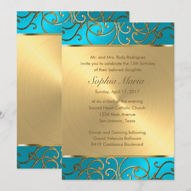 Quinceanera Turcos Blue och Guld Filigree Swirl Inbjudningar (Fram/baksida)