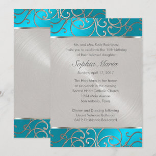 Quinceanera Turcos Blue Silver Filigree Swirls Inbjudningar