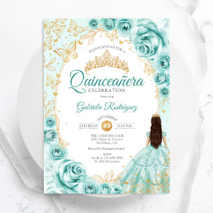 Quinceanera Turcos Guld Blommigt Inbjudningar