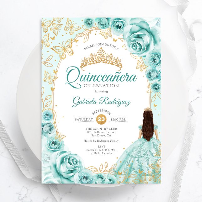 Quinceanera Turcos Guld Blommigt Inbjudningar (Skapare uppladdad)