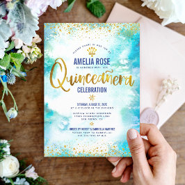 Quinceañera Turcos Watercolor Gold Foil Chic Inbjudningar