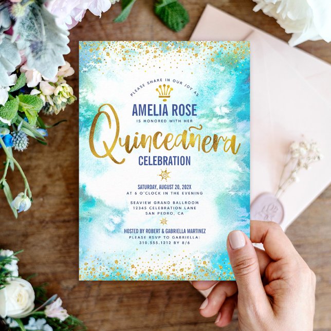 Quinceañera Turcos Watercolor Gold Foil Chic Inbjudningar (Skapare uppladdad)