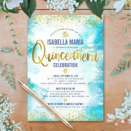 Quinceañera Turcos Watercolor Gold Foil Elegant Inbjudningar