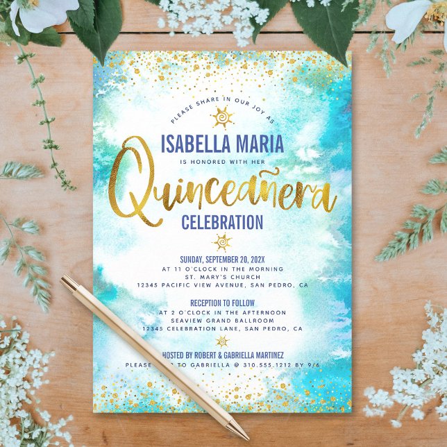 Quinceañera Turcos Watercolor Gold Foil Elegant Inbjudningar (Skapare uppladdad)