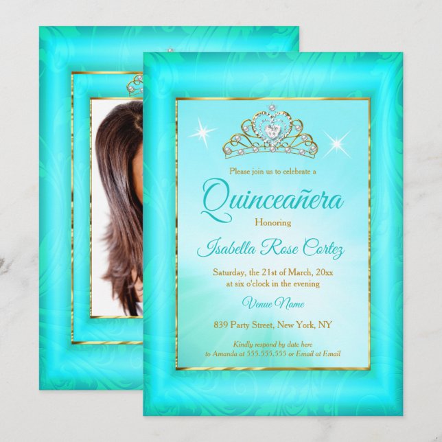 Quinceanera Turkos Damask Guld Tiara foto Inbjudningar (Fram/baksida)