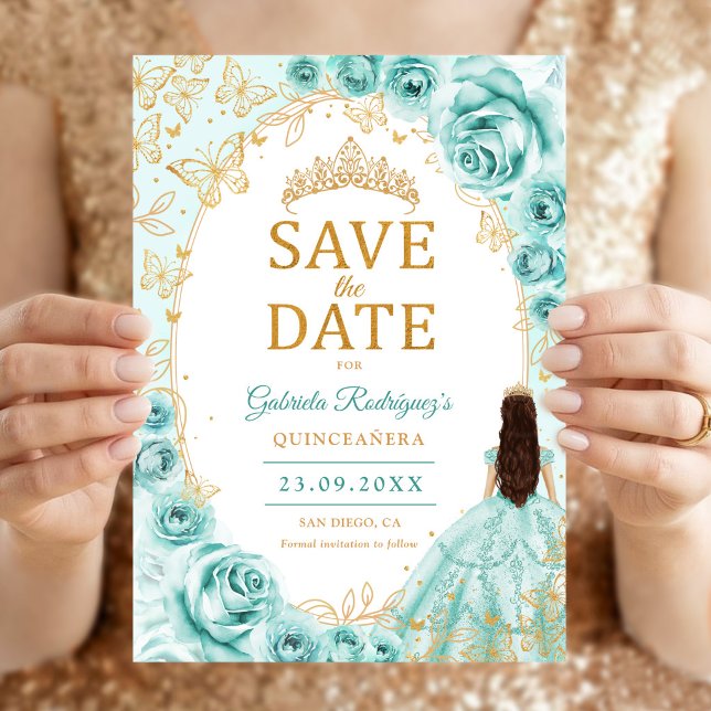 Quinceanera Turkos Guld Blommig Spara Datumet (Skapare uppladdad)