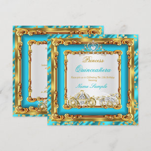 Quinceanera Turkos Guld Diamant Hästvagn Inbjudningar