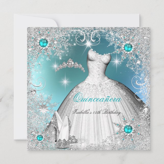 Quinceanera Turkos Pärla Silver Vinter Snöflingor Inbjudningar (Framsida)