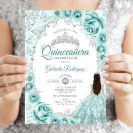 Quinceanera Turkos Silver Blommig Inbjudningar