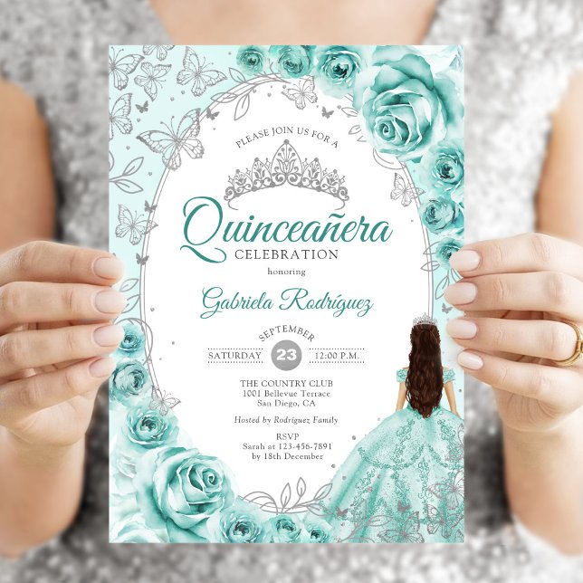 Quinceanera Turkos Silver Blommig Inbjudningar (Skapare uppladdad)