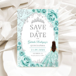 Quinceanera Turkos Silver Blommig Spara Datumet