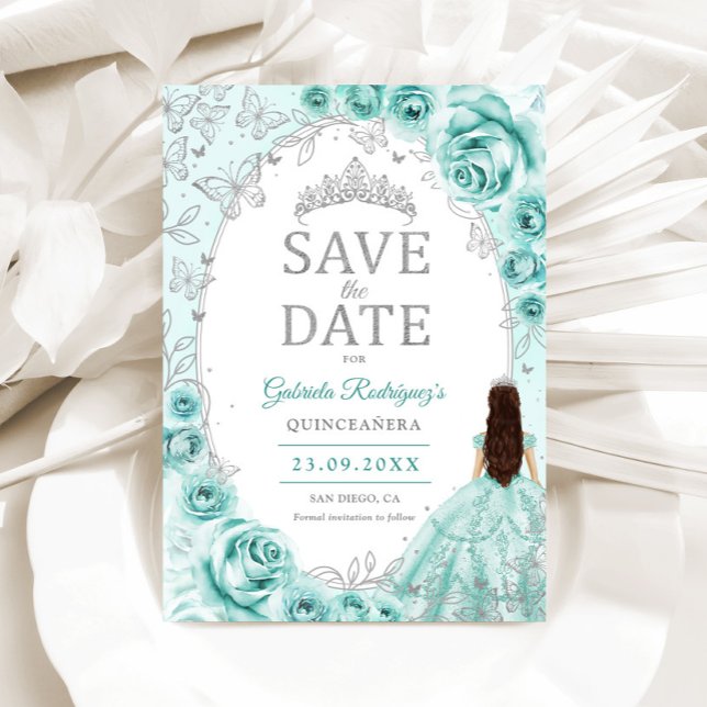 Quinceanera Turkos Silver Blommig Spara Datumet (Skapare uppladdad)