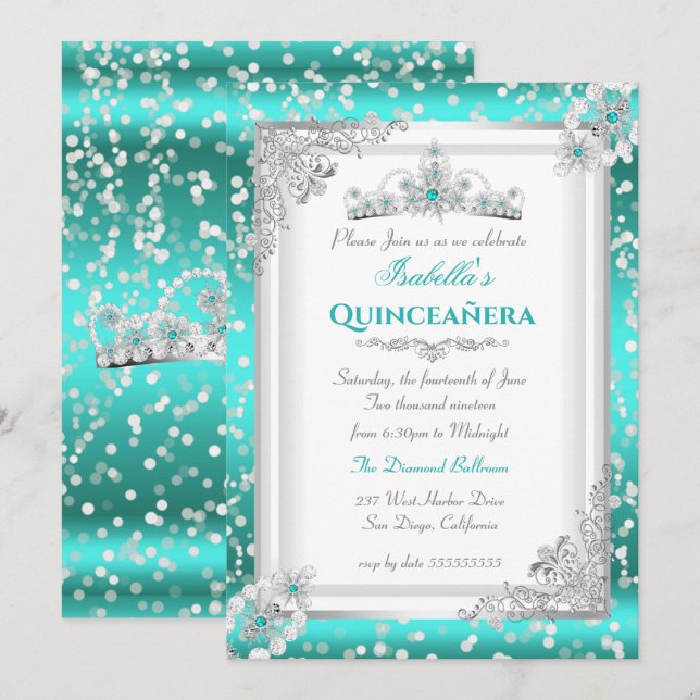 Quinceanera Turkos Silver Snöflinga Tiara Inbjudningar (Fram/baksida)