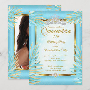 Quinceanera Turkos Tiara Guld Foto Födelsedagsfest Inbjudningar