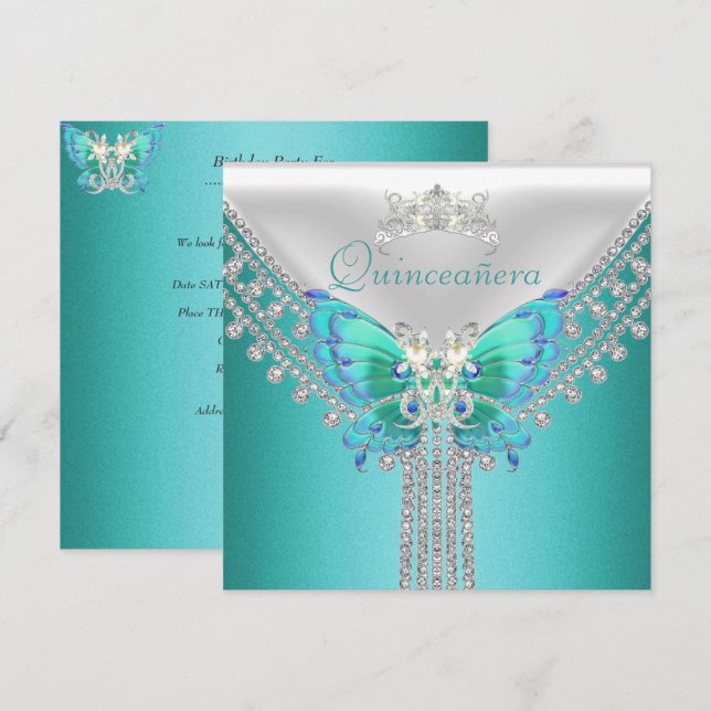 Quinceañera turkos vit fjäril diamant inbjudningar (Fram/baksida)