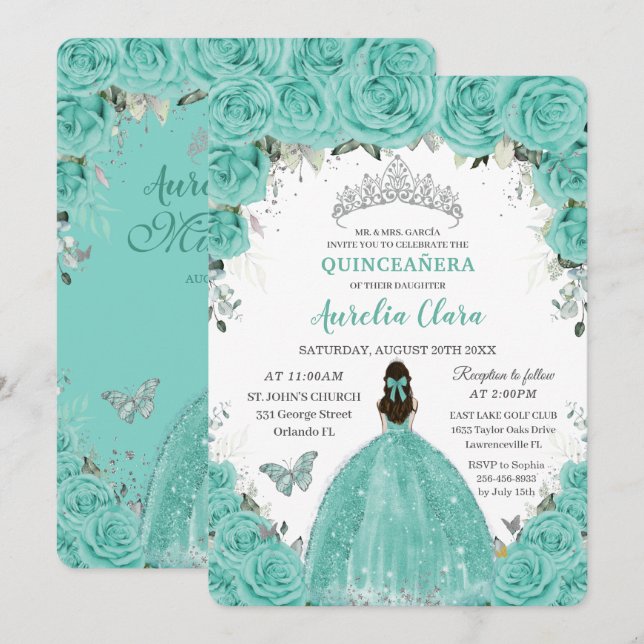 Quinceañera Turkosblå Blommig Silver Prinsessa  Inbjudningar (Fram/baksida)