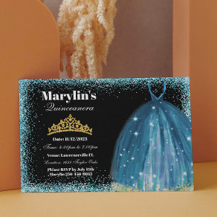 Quinceañera Turquise Glitter Ballgown Birthday Inbjudningar