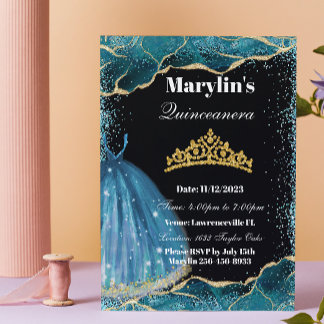 Quinceañera Turquise Glitter Ballgown Birthday Inbjudningar
