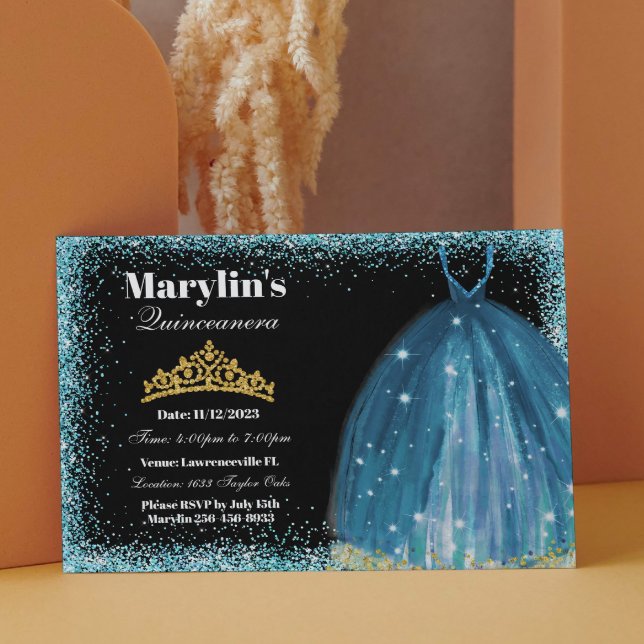 Quinceañera Turquise Glitter Ballgown Birthday Inbjudningar (Skapare uppladdad)