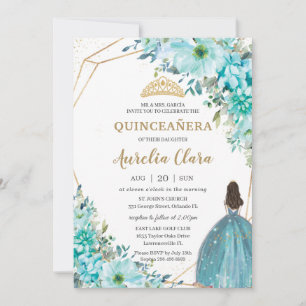 Quinceañera Turquise Grönt Blommigt Guld Princess Inbjudningar