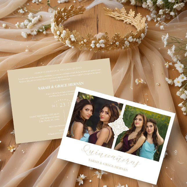 Quinceañera Twillingar 2 Foton Ornament Faux Golde Inbjudningar (Spanish Quinceañera Twins 2 Photos Ornament Faux Golden Invitation. )
