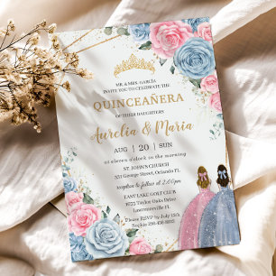 Quinceañera Twillingars Baby blue Rosa Blommigt Ro Inbjudningar