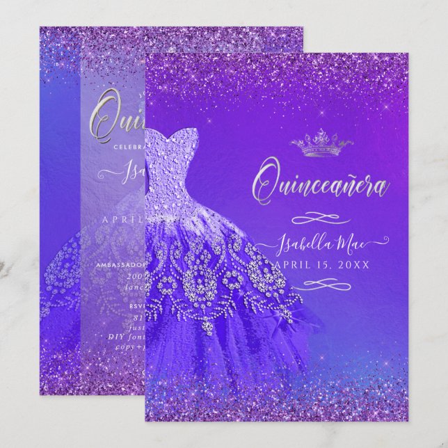 Quinceanera Ultra Violet Ombre Glitter Gown Inbjudningar (Fram/baksida)