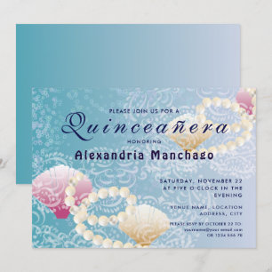 Quinceanera under snöre, snäckor för rosa av pärlo inbjudningar