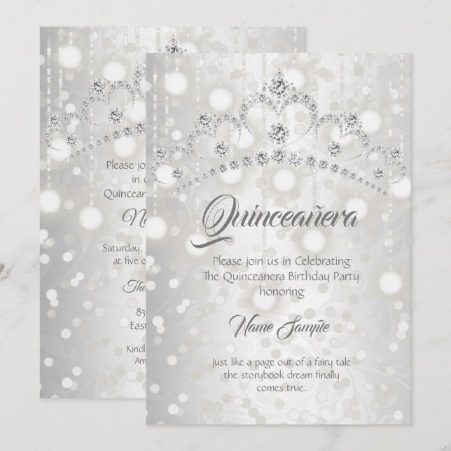 Quinceanera Vacker Silver Vit Diamant Tiara Inbjudningar (Fram/baksida)