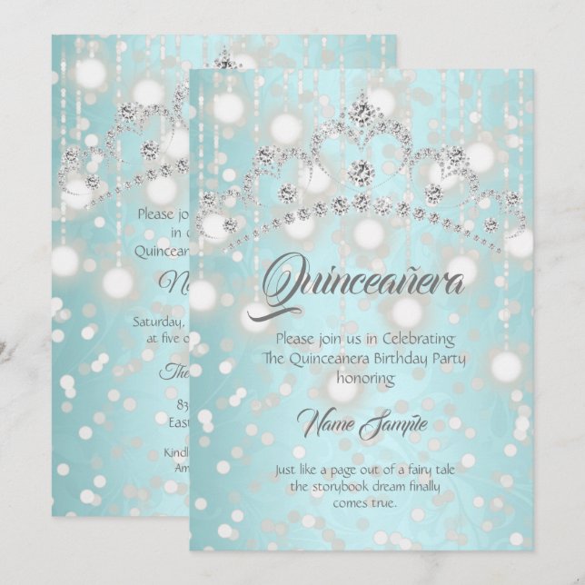 Quinceanera Vacker Teal Silver Diamant Tiara Inbjudningar (Fram/baksida)