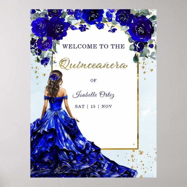 Quinceañera Välkomsthälsande Royal Blue och Guld Poster (Framsidan)