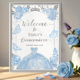 Quinceanera Välkomstskylt Dusty Blue Dress Blommig Poster
