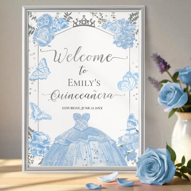 Quinceanera Välkomstskylt Dusty Blue Dress Blommig Poster (Skapare uppladdad)