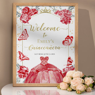 Quinceanera Välkomstskylt Red Dress Blommigt Guld Poster