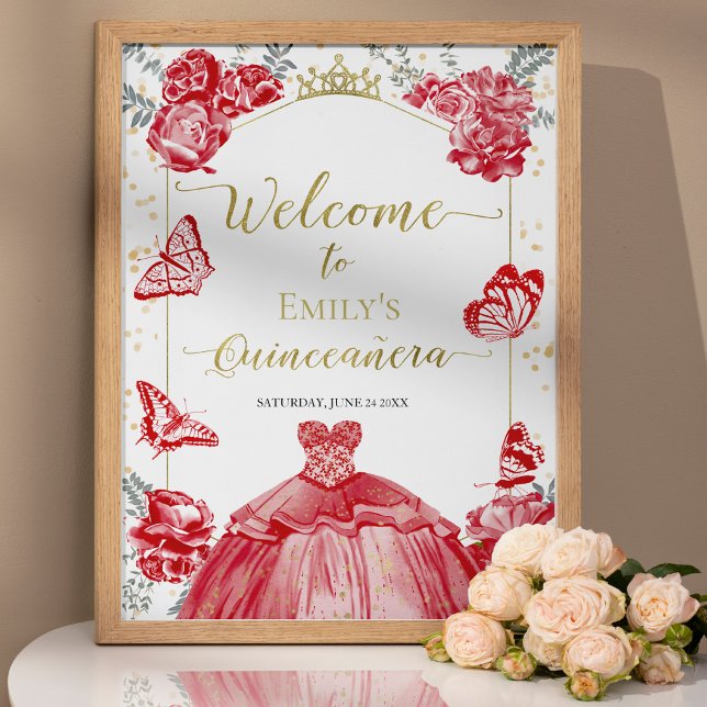 Quinceanera Välkomstskylt Red Dress Blommigt Guld Poster (Skapare uppladdad)