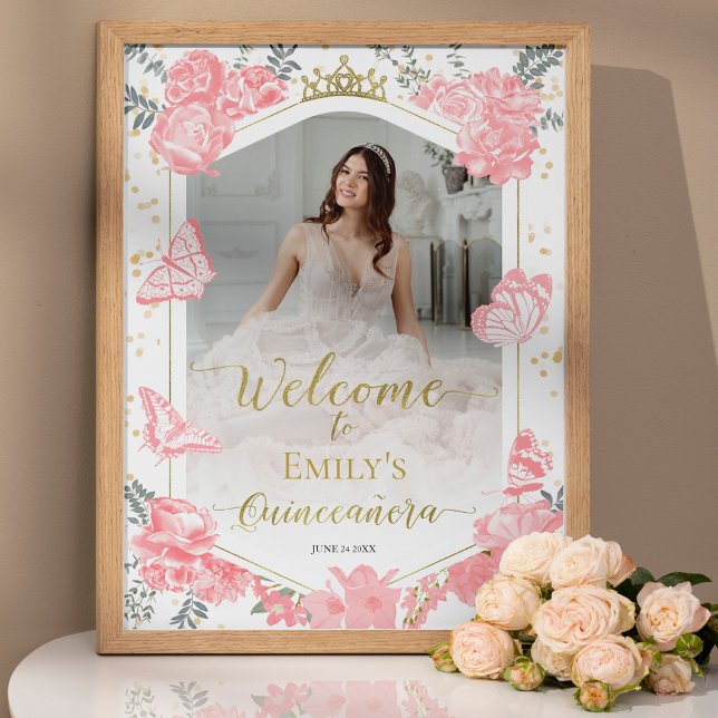 Quinceanera Välkomstskylt Rosa Dress Blommigt Guld Poster (Skapare uppladdad)