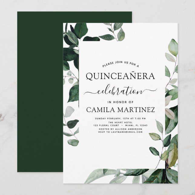 Quinceanera Vår Botanical Grey-inbjudan Inbjudningar (Fram/baksida)