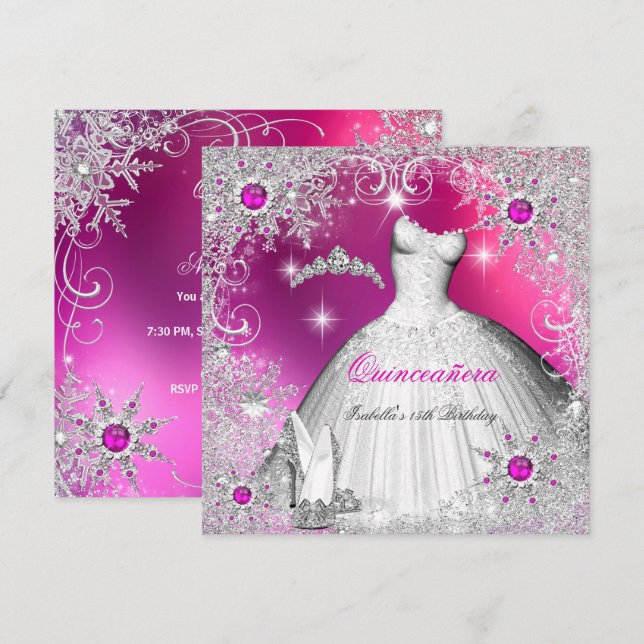 Quinceanera Varmrosa Pärla Silver Vinter Snöflinga Inbjudningar (Fram/baksida)