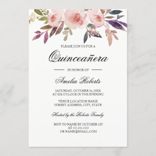 Quinceanera Vattenfärg Blommig Rosa Marinblå Lila Inbjudningar