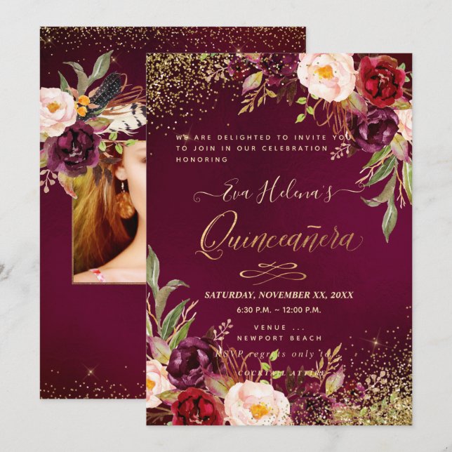 Quinceañera,  vattenfärgsblommor DIY Burgundy Inbjudningar (Fram/baksida)