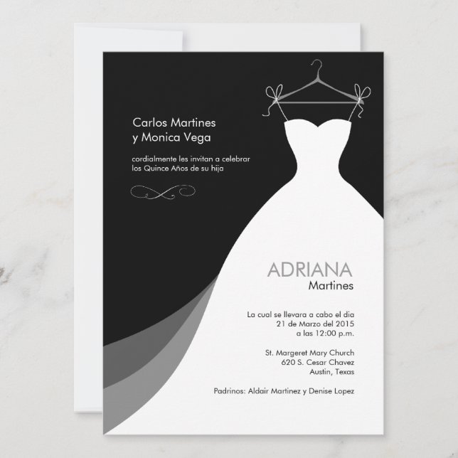 Quinceañera Vestido neger Invitaciones Inbjudningar (Framsida)
