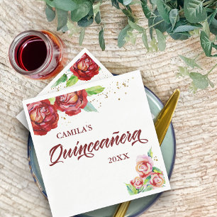Quinceanera Vintage Red Rosa Guld Blommigt Anpassn Pappersservett