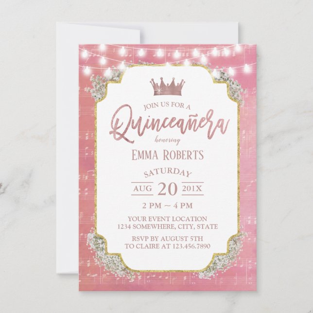 Quinceanera Vintage Rosa Music 15:e födelsedagen Inbjudningar (Framsida)