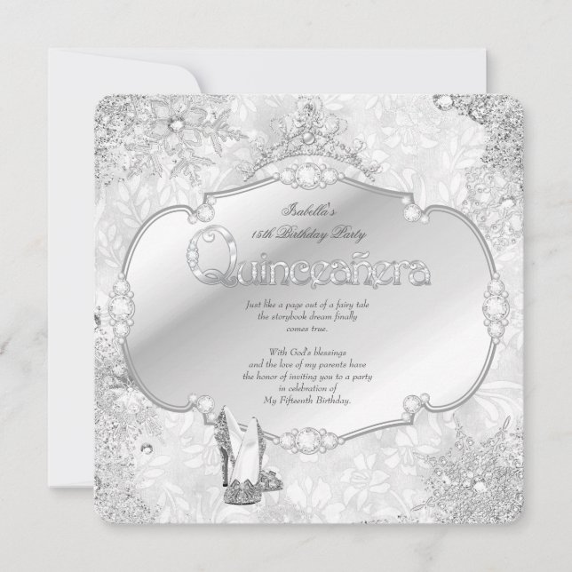 Quinceanera Vinter Värld Silver Snöflinga B Inbjudningar (Framsida)