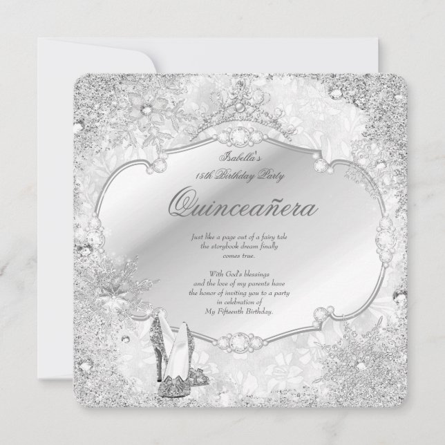 Quinceanera Vinterundret Silver Snöflinga A Inbjudningar (Framsida)