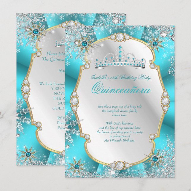 Quinceanera Vinterundret Teal Guld Silver Inbjudningar (Fram/baksida)