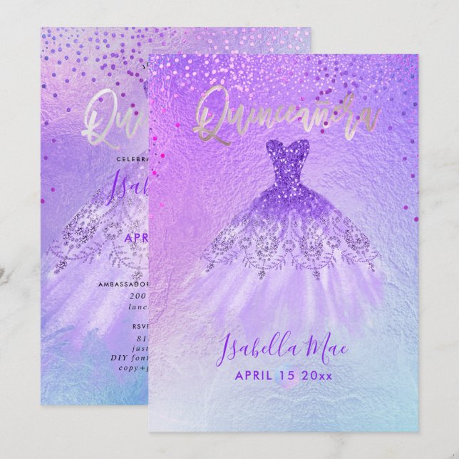 Quinceanera Violet+Blå klänning+Konfetti Inbjudningar (Fram/baksida)